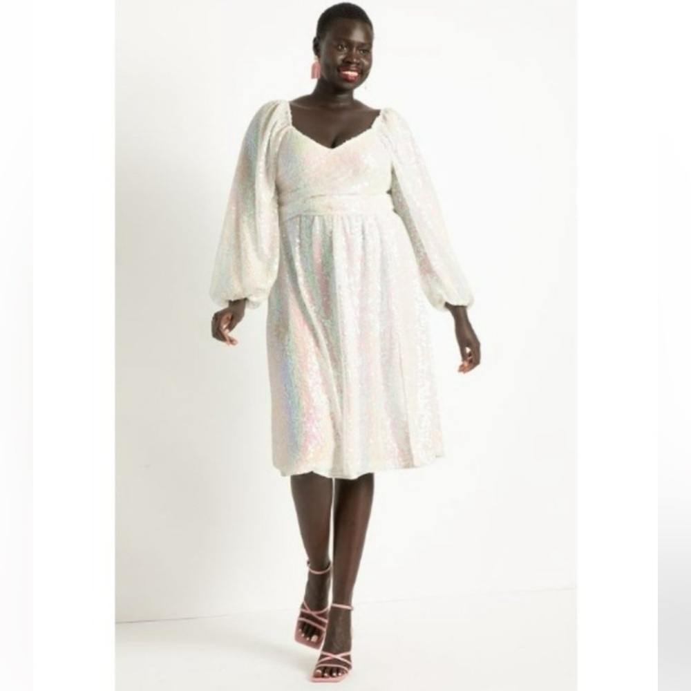 Eloquii Sequin Tie Bodice White Midi Dress